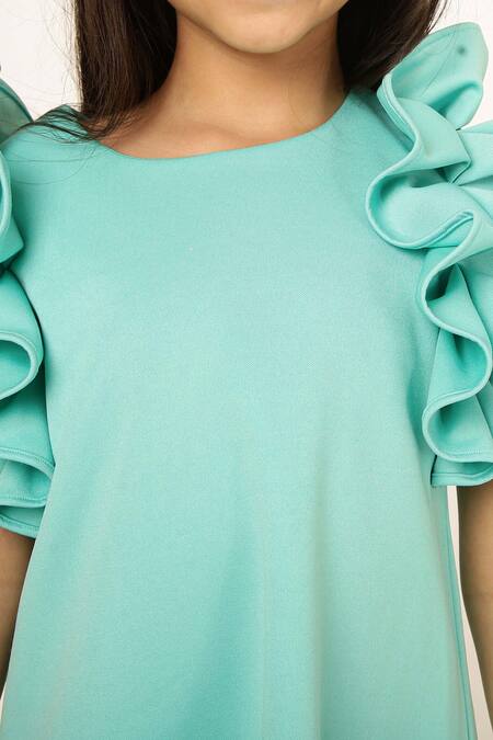 Buy A Little Fable Blue Polyester, Cotton Shoulder Ruffle A Line Wildflower Dress Online at Aza Fashions Buy_A Little Fable_Blue Polyester, Cotton Shoulder Ruffle A Line Wildflower Dress _Online_at_Aza_Fashions