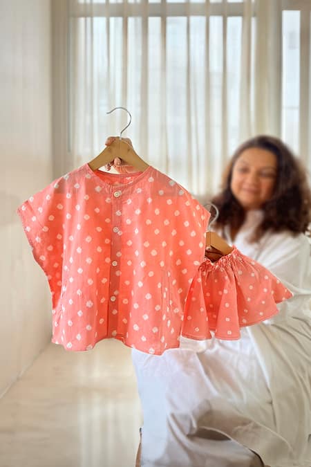 Love The World Today Pink 100% Cotton Hand Dyed Bandhani Shared Secrets Kimono Shirt With Twirl Skirt 