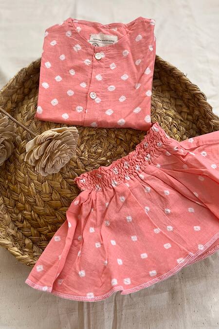 Love The World Today_Pink 100% Cotton Hand Dyed Bandhani Shared Secrets Kimono Shirt With Twirl Skirt_Online_at_Aza_Fashions