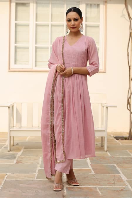 Pheeta Pink Mulmul Embroidery Fringe Lace V-neck Gathered Yoke Anarkali And Pant Set 