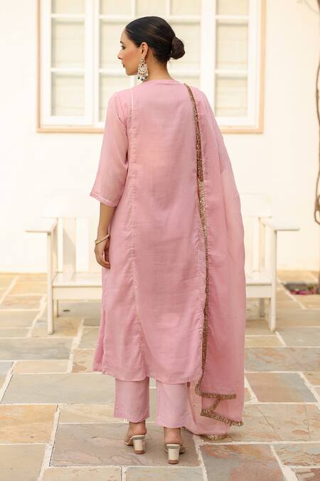 Shop Pheeta Pink Mulmul Embroidery Fringe Lace V-neck Gathered Yoke Anarkali And Pant Set at Aza Fashions Shop_Pheeta_Pink Mulmul Embroidery Fringe Lace V-neck Gathered Yoke Anarkali And Pant Set_at_Aza_Fashions