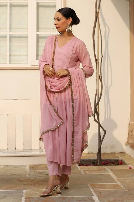 Pheeta Pink Mulmul Embroidery Fringe Lace V-neck Gathered Yoke Anarkali And Pant Set Online at Aza Fashions Pheeta_Pink Mulmul Embroidery Fringe Lace V-neck Gathered Yoke Anarkali And Pant Set_Online_at_Aza_Fashions