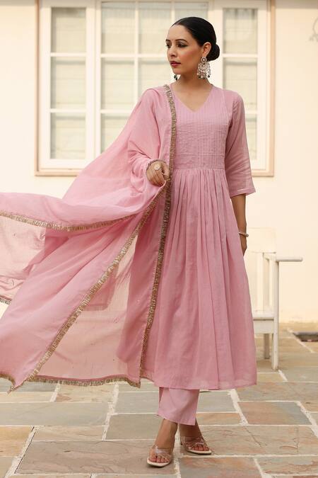 Shop Pheeta Pink Mulmul Embroidery Fringe Lace V-neck Gathered Yoke Anarkali And Pant Set Online at Aza Fashions Shop_Pheeta_Pink Mulmul Embroidery Fringe Lace V-neck Gathered Yoke Anarkali And Pant Set_Online_at_Aza_Fashions