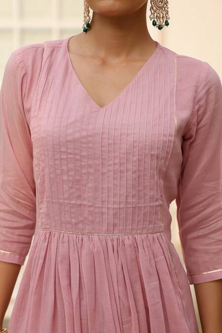 Shop Pheeta Pink Mulmul Embroidery Fringe Lace V-neck Gathered Yoke Anarkali And Pant Set Shop_Pheeta_Pink Mulmul Embroidery Fringe Lace V-neck Gathered Yoke Anarkali And Pant Set