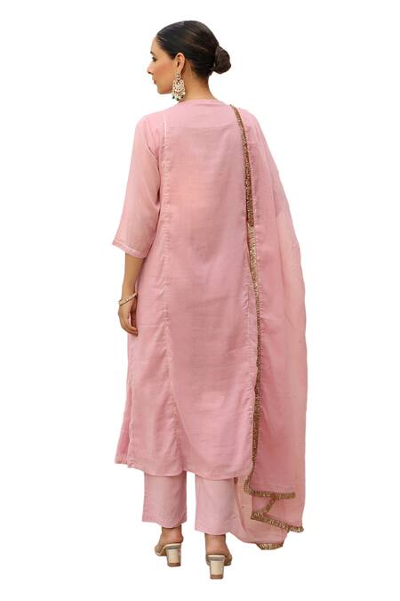 Buy Pheeta Pink Mulmul Embroidery Fringe Lace V-neck Gathered Yoke Anarkali And Pant Set Buy_Pheeta_Pink Mulmul Embroidery Fringe Lace V-neck Gathered Yoke Anarkali And Pant Set
