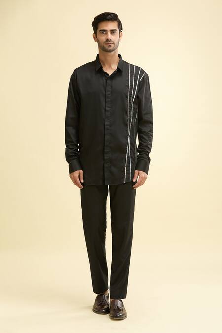 Buy_Sanjana Reddy Designs_Black Embroidery Placement Striped Shirt