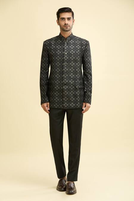 Gargee Designers_Black Embroidery Geometric Thread Bandhgala Set_Online_at_Aza_Fashions