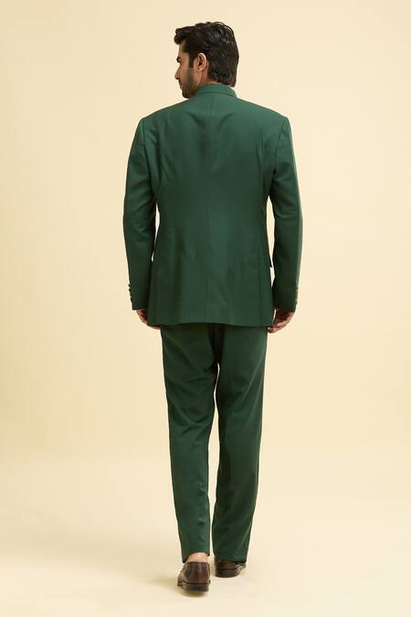 Shop Qbik Green Wool, Viscose Button Front Bandhgala Set at Aza Fashions Shop_Qbik_Green Wool, Viscose Button Front Bandhgala Set_at_Aza_Fashions