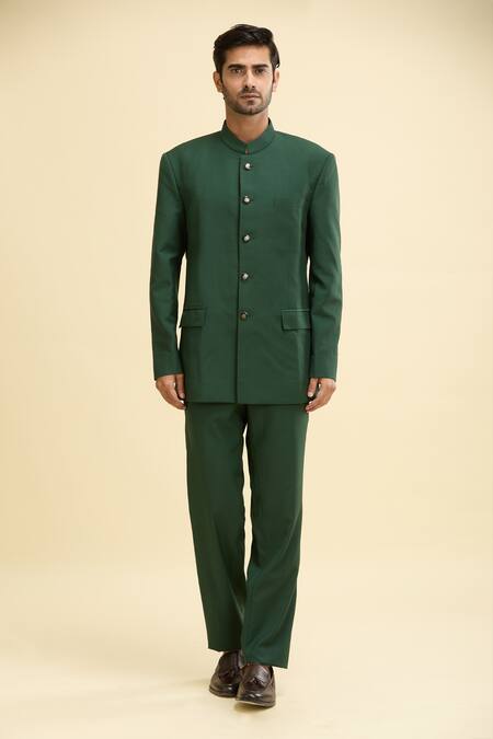 Qbik Green Wool, Viscose Button Front Bandhgala Set Online at Aza Fashions Qbik_Green Wool, Viscose Button Front Bandhgala Set_Online_at_Aza_Fashions