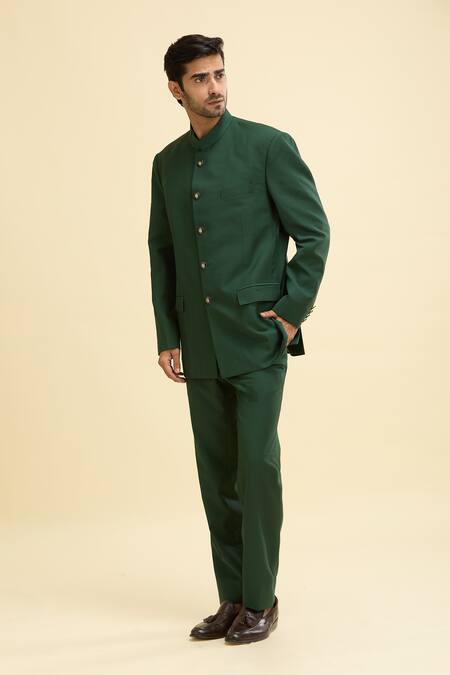 Buy Qbik Green Wool, Viscose Button Front Bandhgala Set Online at Aza Fashions Buy_Qbik_Green Wool, Viscose Button Front Bandhgala Set_Online_at_Aza_Fashions