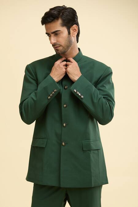 Shop Qbik Green Wool, Viscose Button Front Bandhgala Set Online at Aza Fashions Shop_Qbik_Green Wool, Viscose Button Front Bandhgala Set_Online_at_Aza_Fashions