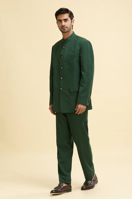 Qbik Green Wool, Viscose Button Front Bandhgala Set at Aza Fashions Qbik_Green Wool, Viscose Button Front Bandhgala Set_at_Aza_Fashions