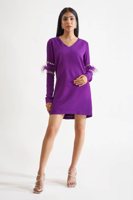 Keoo_Purple Modal, Georgette Crystals, Feathers V-neck Alba Dress_Online_at_Aza_Fashions