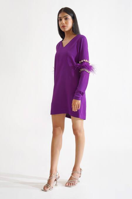 Buy_Keoo_Purple Modal, Georgette Crystals, Feathers V-neck Alba Dress_Online_at_Aza_Fashions