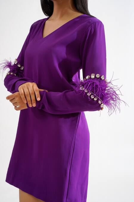 Shop_Keoo_Purple Modal, Georgette Crystals, Feathers V-neck Alba Dress_Online_at_Aza_Fashions