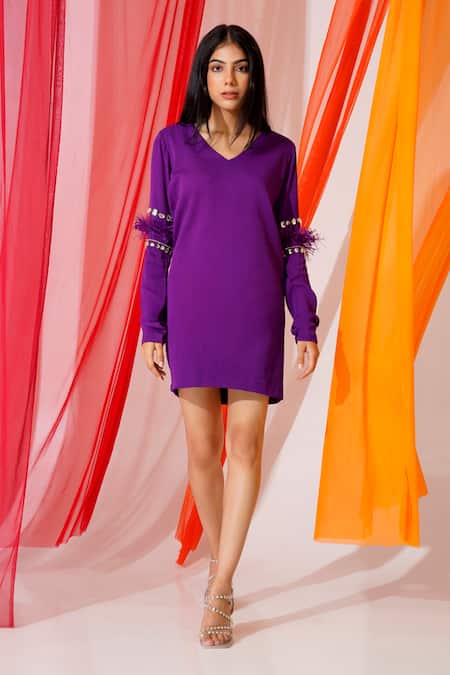 Keoo_Purple Modal, Georgette Crystals, Feathers V-neck Alba Dress_at_Aza_Fashions