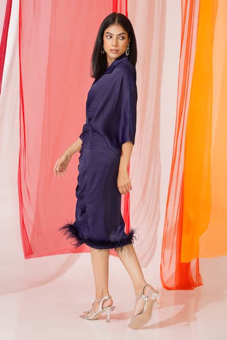 Keoo_Blue Cotton Satin Pearls, Feathers Collared Beverly Pleated Dress_Online_at_Aza_Fashions