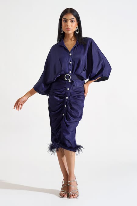 Shop_Keoo_Blue Cotton Satin Pearls, Feathers Collared Beverly Pleated Dress_Online_at_Aza_Fashions