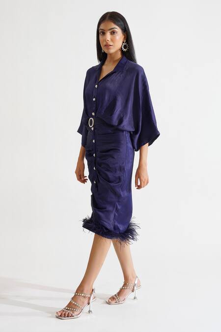 Keoo_Blue Cotton Satin Pearls, Feathers Collared Beverly Pleated Dress_at_Aza_Fashions