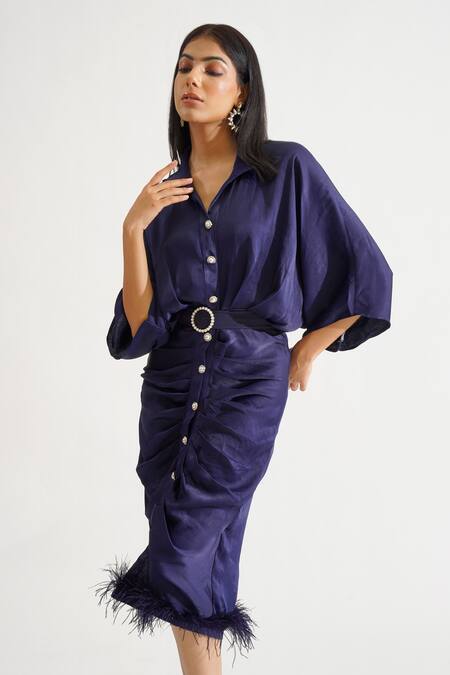 Shop_Keoo_Blue Cotton Satin Pearls, Feathers Collared Beverly Pleated Dress