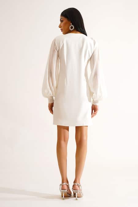 Shop Keoo White Chiffon, Crepe Pearls, Rhinestones V-neck Cabo Embellished Dress at Aza Fashions Shop_Keoo_White Chiffon, Crepe Pearls, Rhinestones V-neck Cabo Embellished Dress_at_Aza_Fashions