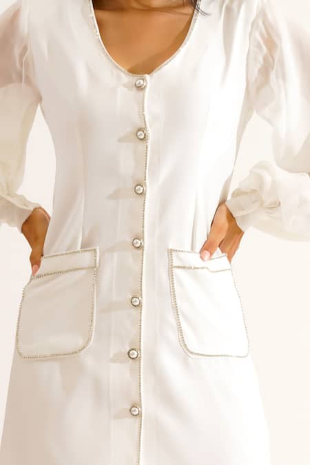 Keoo White Chiffon, Crepe Pearls, Rhinestones V-neck Cabo Embellished Dress at Aza Fashions Keoo_White Chiffon, Crepe Pearls, Rhinestones V-neck Cabo Embellished Dress_at_Aza_Fashions