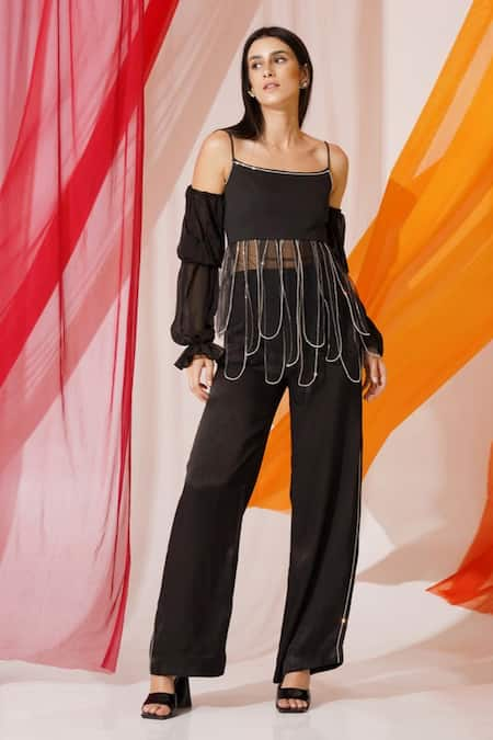 KEOO Black Net Embellished Rhinestone Square Cosmo Top With Pant 