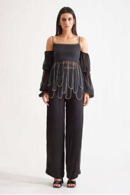 Keoo_Black Net, Cotton Satin Rhinestones Square Neck Cosmo Embellished Top With Pant_Online_at_Aza_Fashions