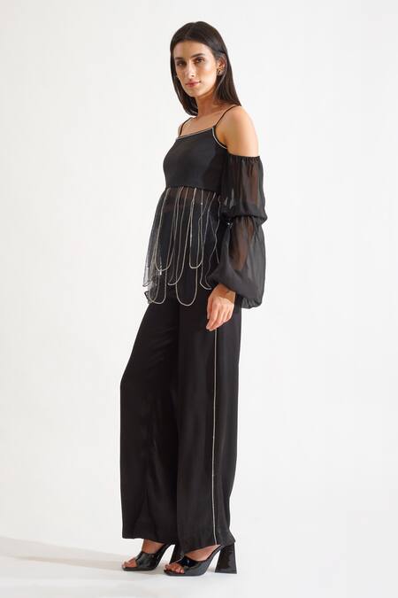 Buy_Keoo_Black Net, Cotton Satin Rhinestones Square Neck Cosmo Embellished Top With Pant_Online_at_Aza_Fashions