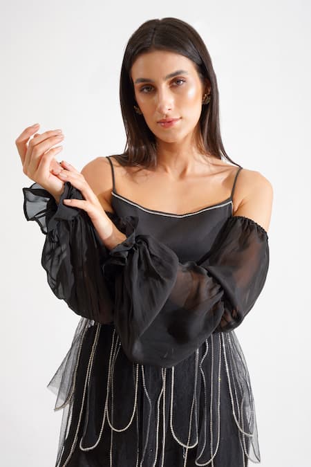 Shop_Keoo_Black Net, Cotton Satin Rhinestones Square Neck Cosmo Embellished Top With Pant_Online_at_Aza_Fashions