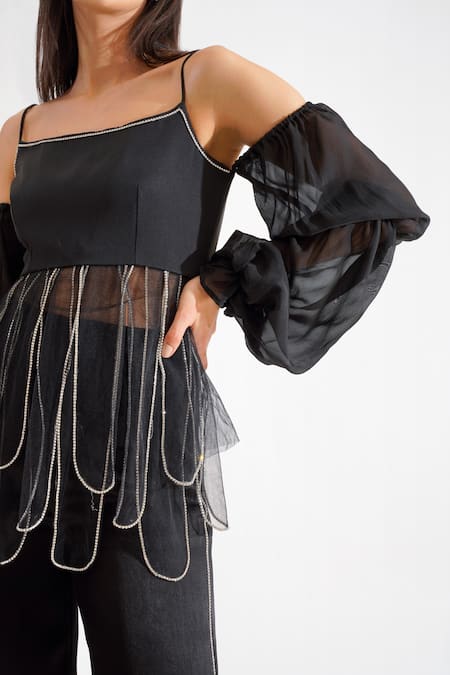 Keoo_Black Net, Cotton Satin Rhinestones Square Neck Cosmo Embellished Top With Pant_at_Aza_Fashions