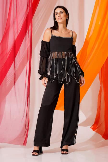Shop_Keoo_Black Net, Cotton Satin Rhinestones Square Neck Cosmo Embellished Top With Pant