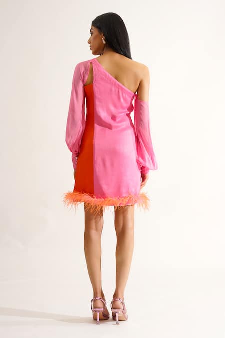Shop Keoo Pink Cotton Satin Crystals, Feathers One Shoulder Cyra Color Block Dress at Aza Fashions Shop_Keoo_Pink Cotton Satin Crystals, Feathers One Shoulder Cyra Color Block Dress _at_Aza_Fashions
