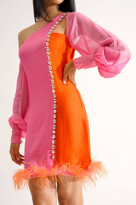Keoo Pink Cotton Satin Crystals, Feathers One Shoulder Cyra Color Block Dress at Aza Fashions Keoo_Pink Cotton Satin Crystals, Feathers One Shoulder Cyra Color Block Dress _at_Aza_Fashions