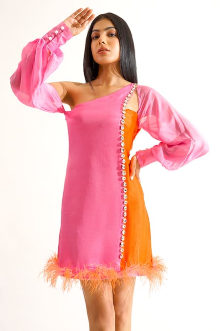 Shop Keoo Pink Cotton Satin Crystals, Feathers One Shoulder Cyra Color Block Dress Shop_Keoo_Pink Cotton Satin Crystals, Feathers One Shoulder Cyra Color Block Dress