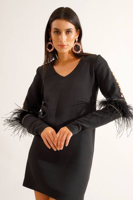 Buy_Keoo_Black Crepe Crystals, Feathers V-neck Emily Embroidered Dress_Online_at_Aza_Fashions