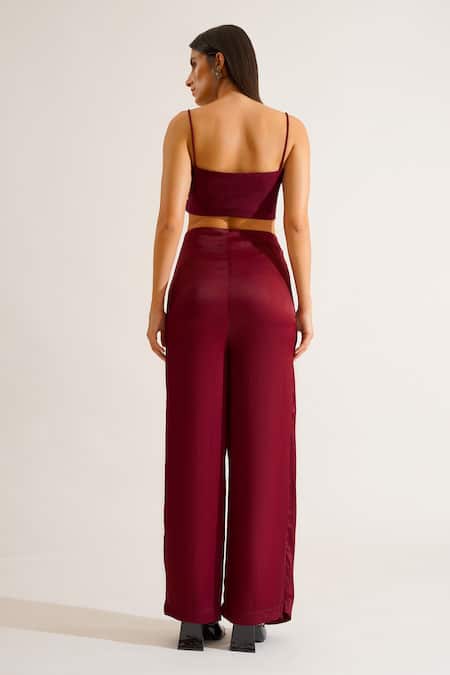 Shop Keoo Maroon Chiffon, Cotton Satin Crystals, Grace Embroidered Shirt And Flap Pant Set Online at Aza Fashions Shop_Keoo_Maroon Chiffon, Cotton Satin Crystals, Grace Embroidered Shirt And Flap Pant Set_Online_at_Aza_Fashions