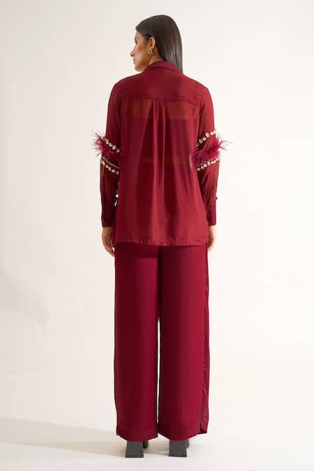 Shop Keoo Maroon Chiffon, Cotton Satin Crystals, Grace Embroidered Shirt And Flap Pant Set at Aza Fashions Shop_Keoo_Maroon Chiffon, Cotton Satin Crystals, Grace Embroidered Shirt And Flap Pant Set_at_Aza_Fashions