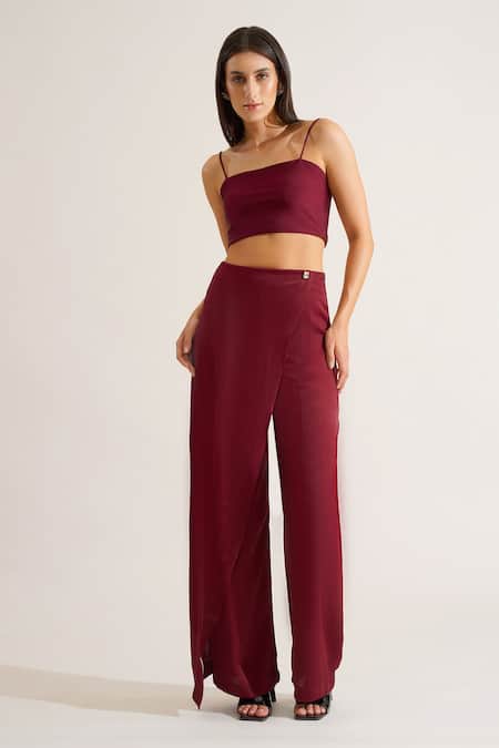 Keoo Maroon Chiffon, Cotton Satin Crystals, Grace Embroidered Shirt And Flap Pant Set at Aza Fashions Keoo_Maroon Chiffon, Cotton Satin Crystals, Grace Embroidered Shirt And Flap Pant Set_at_Aza_Fashions