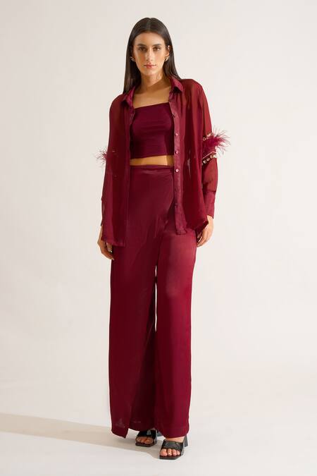 Buy Keoo Maroon Chiffon, Cotton Satin Crystals, Grace Embroidered Shirt And Flap Pant Set Buy_Keoo_Maroon Chiffon, Cotton Satin Crystals, Grace Embroidered Shirt And Flap Pant Set