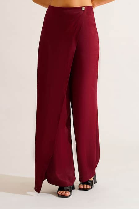 Shop Keoo Maroon Chiffon, Cotton Satin Crystals, Grace Embroidered Shirt And Flap Pant Set Shop_Keoo_Maroon Chiffon, Cotton Satin Crystals, Grace Embroidered Shirt And Flap Pant Set