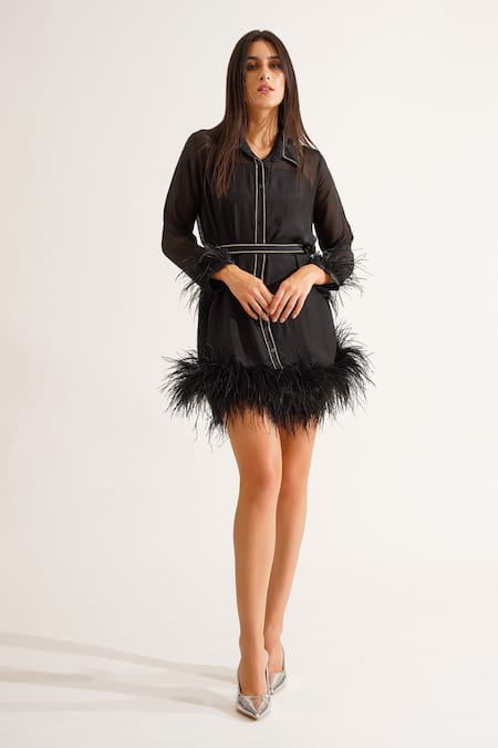 Buy_Keoo_Black Chiffon, Lycra Feathers, Rhinestones Hailey Embellished Dress And Belt Set_Online_at_Aza_Fashions