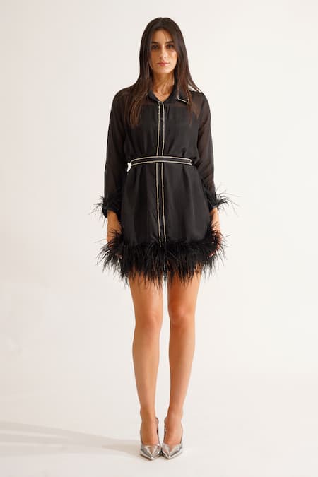 Shop_Keoo_Black Chiffon, Lycra Feathers, Rhinestones Hailey Embellished Dress And Belt Set_Online_at_Aza_Fashions
