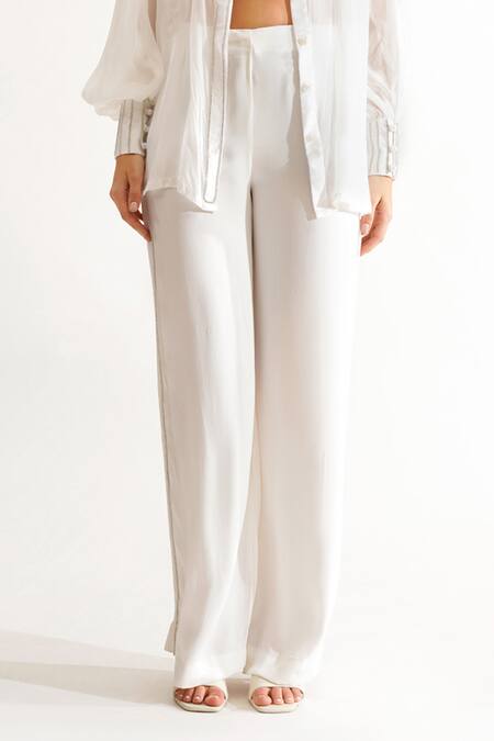 Shop_Keoo_White Chiffon, Cotton Satin, Lycra Beads, Ivory Embellished Shirt And Pant Set_Online_at_Aza_Fashions