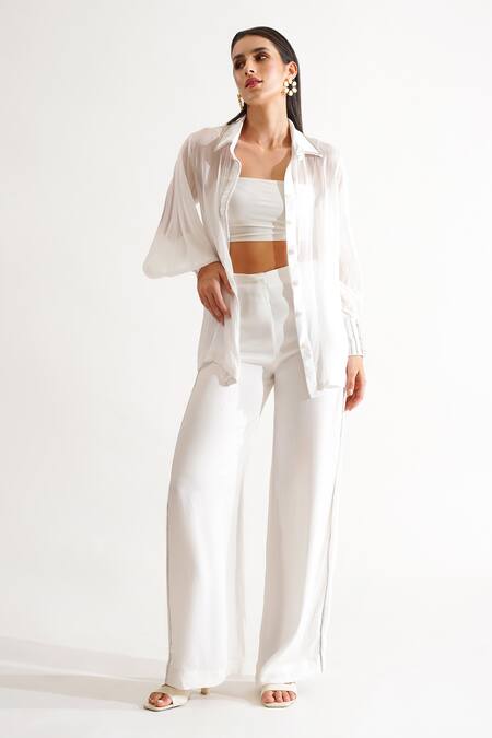 Keoo_White Chiffon, Cotton Satin, Lycra Beads, Ivory Embellished Shirt And Pant Set_at_Aza_Fashions
