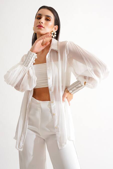Buy_Keoo_White Chiffon, Cotton Satin, Lycra Beads, Ivory Embellished Shirt And Pant Set