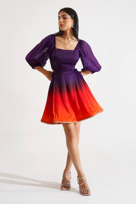 Keoo_Purple Cotton Satin Lace Square Neck Jane Ombre Sunset Dress_Online_at_Aza_Fashions