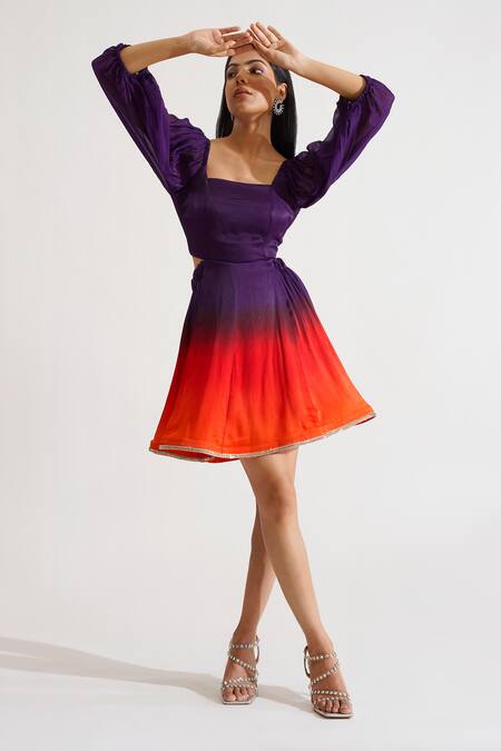 Buy_Keoo_Purple Cotton Satin Lace Square Neck Jane Ombre Sunset Dress_Online_at_Aza_Fashions