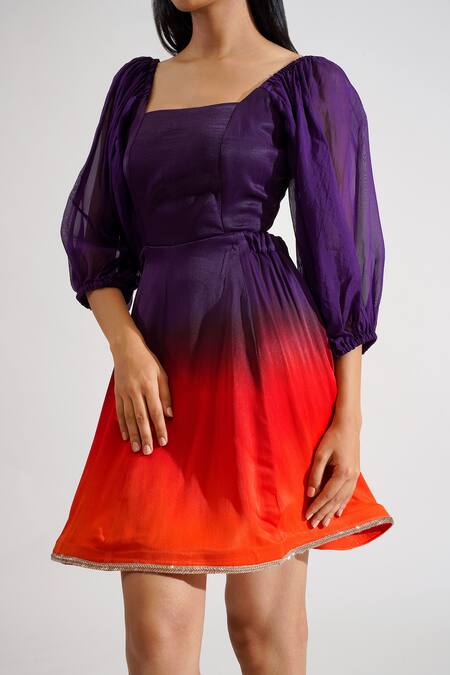 Shop_Keoo_Purple Cotton Satin Lace Square Neck Jane Ombre Sunset Dress_Online_at_Aza_Fashions