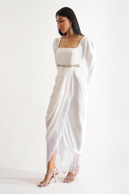 Buy_Keoo_White Cotton Satin Rhinestones, Fringe Square Neck Malta Draped Dress_Online_at_Aza_Fashions
